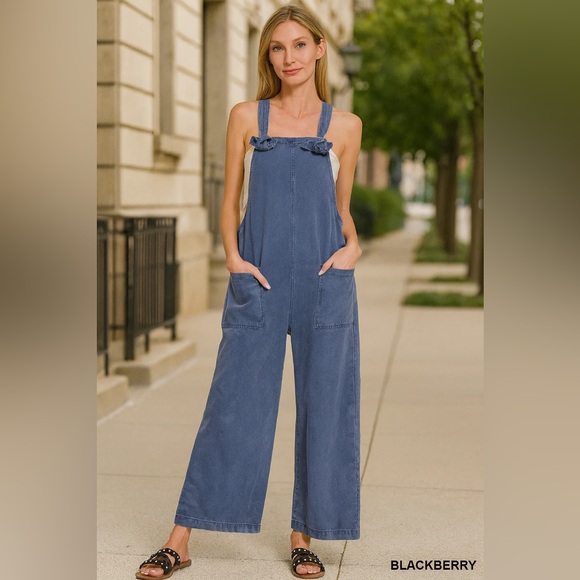 ZENANA ROYAL BLUE KNOT STRAP WIDE LEG CROPPED JUMPSUIT SIZE M - Picture 3 of 9